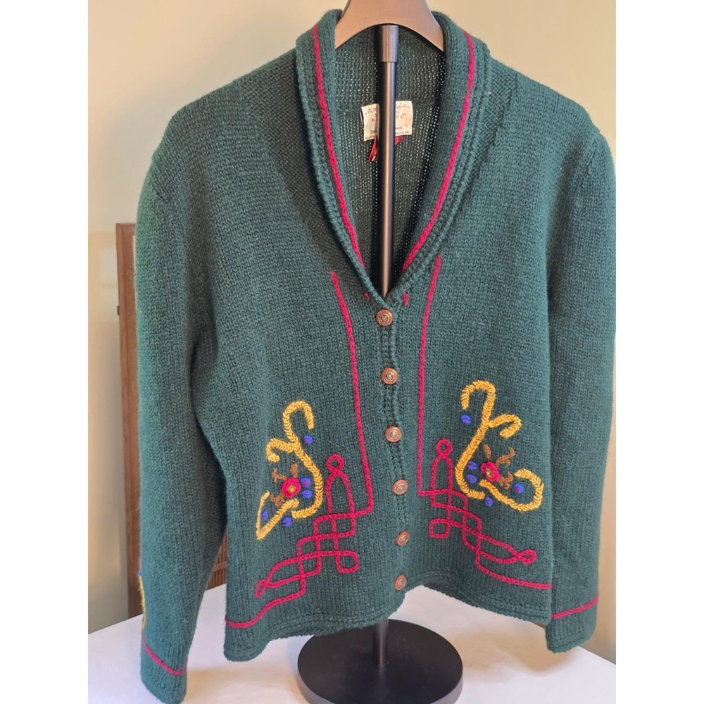 Vintage Susan Bristol Hand Embroidered Wool Cardigan Green Christmas Sweater M